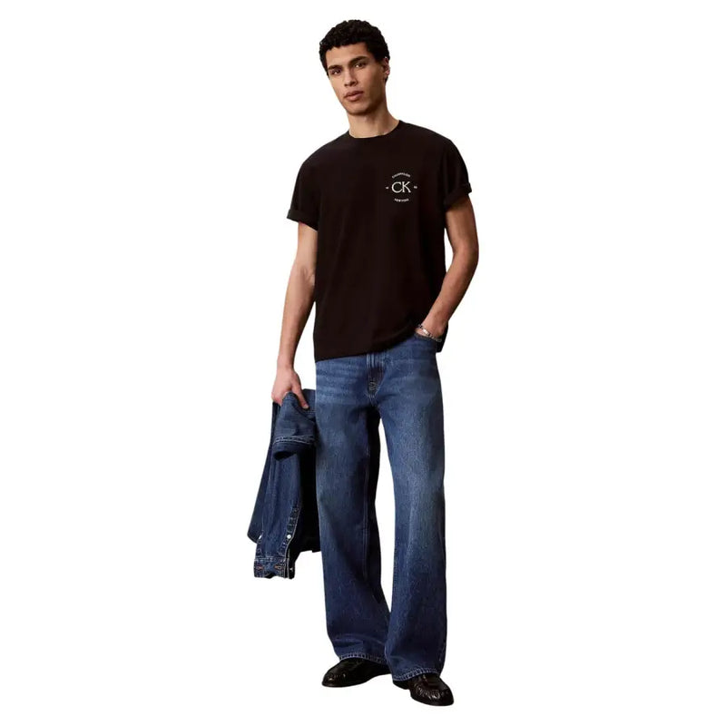Calvin Klein Jeans men black cotton t shirt with white circular logo on chest and round neck design