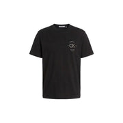 Black Calvin Klein Jeans men t shirt with white embroidered logo on left chest cotton round neck design