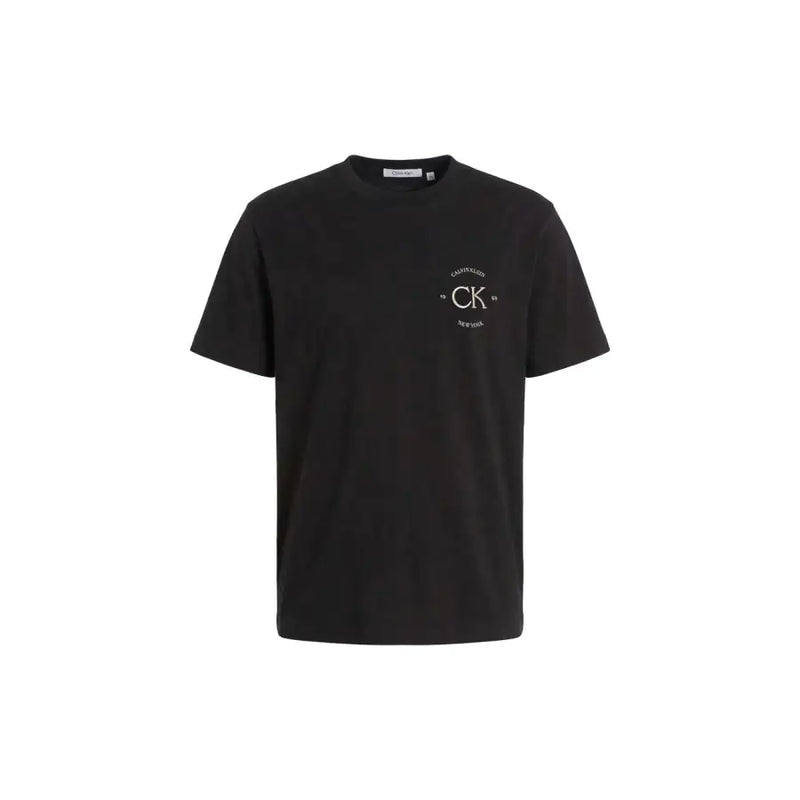 Black Calvin Klein Jeans men t shirt with white embroidered logo on left chest cotton round neck design