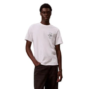 Calvin Klein Jeans men white cotton t shirt with black circular logo on chest and round neck design