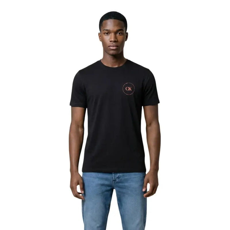 Calvin Klein Jeans men black t-shirt with subtle pink circular logo on left chest for casual wear