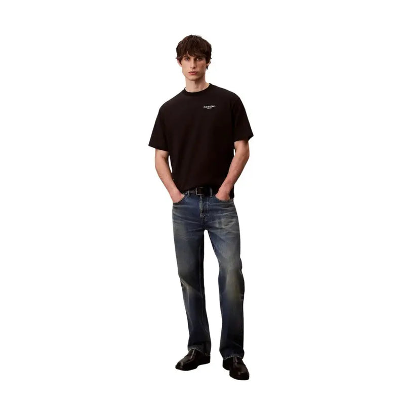 Calvin Klein Jeans Herren schwarzes Kurzarm-Baumwollhemd t-shirt mit kleinem weißen Logo auf der Brust