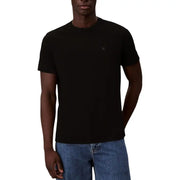 Black short-sleeved crew neck cotton t-shirt with small embroidered logo on left chest by Calvin Klein Jeans