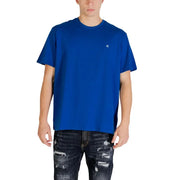 Royal blue Calvin Klein Jeans men t-shirt with small white logo on left chest in comfortable cotton material