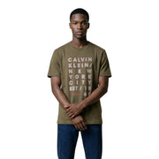Olive green Calvin Klein Jeans men t-shirt with beige and red vertical text graphic on front in cotton material
