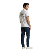 Calvin Klein Jeans men t-shirt back side featuring a white cotton fabric with a gray ck logo
