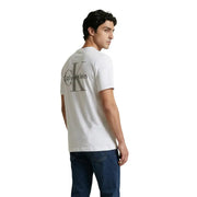 Back side of white Calvin Klein Jeans men t-shirt with large gray CK logo and brand name printed on cotton fabric