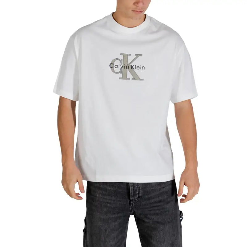 White Calvin Klein Jeans men t-shirt featuring a gray CK logo and brand name printed on the front