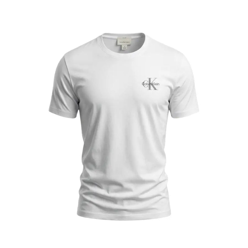 White Calvin Klein Jeans men short-sleeved t-shirt with subtle gray logo on left chest made of soft cotton material
