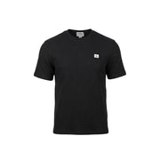 Schwarz Calvin Klein Jeans Männer t-shirt mit gerippter Textur und kleinem weißen Logo-Aufnäher auf der linken Brust