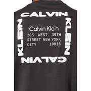 Black Calvin Klein Jeans men t-shirt with bold white graphic and modern font displaying brand name and New York address
