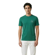Green short-sleeved cotton t-shirt with white circular logo on left chest by Calvin Klein Jeans for men