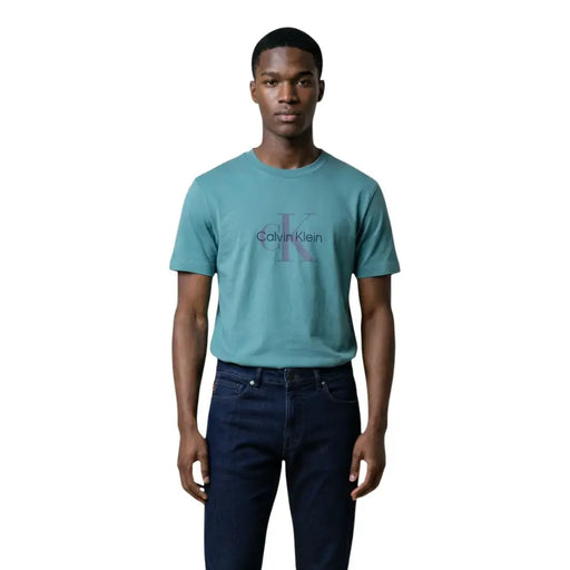 Calvin Klein Jeans men t-shirt in teal with subtle faded logo print on chest made from comfortable cotton