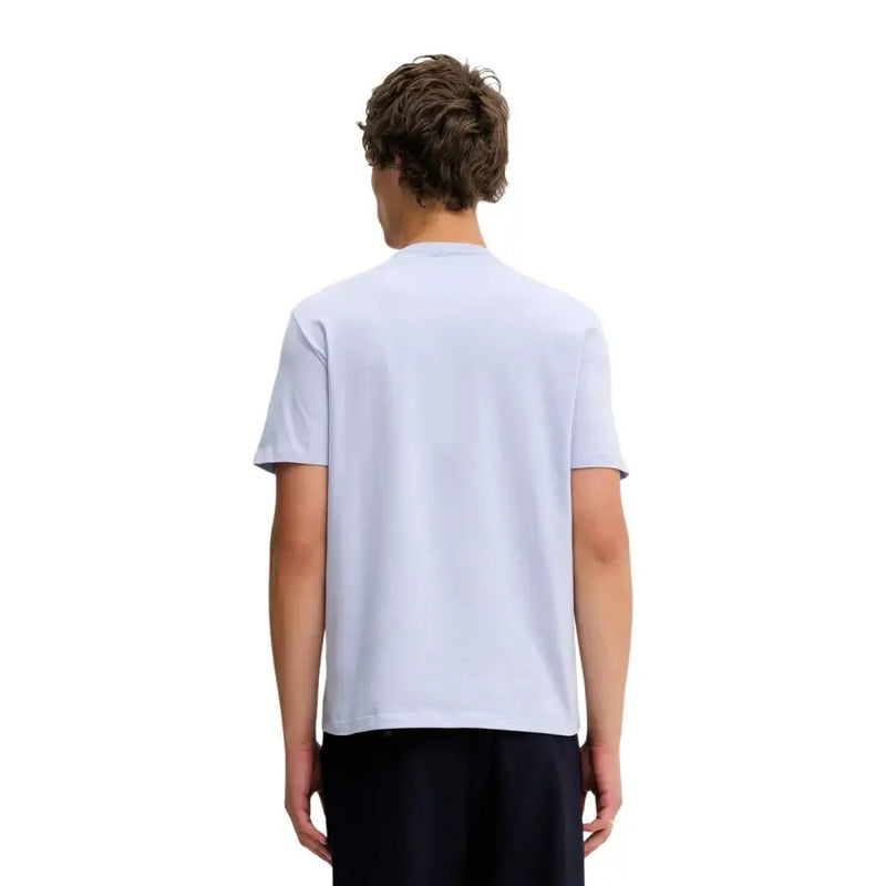 Calvin Klein Jeans Herren-T-Shirt, hellblau, kurzärmelig, aus Baumwolle, mit klassischem Rundhalsausschnitt und lilafarbenem Aufdruck