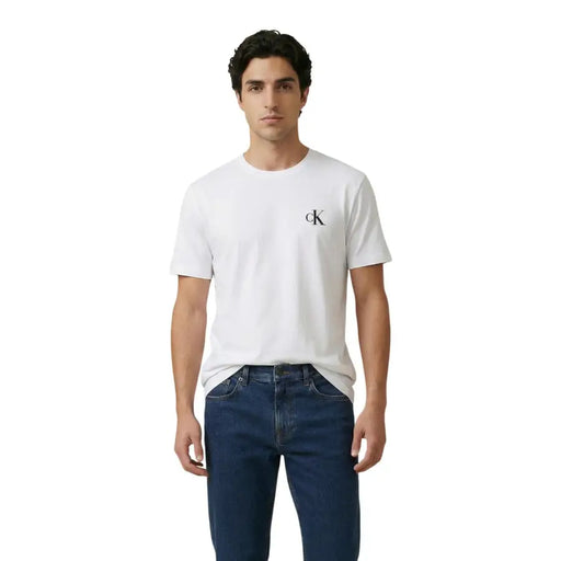 Calvin Klein Jeans men t-shirt in white cotton with a small black CK logo on the left chest