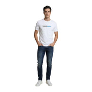 Calvin Klein Jeans men white cotton t shirt with black and blue logo print across the chest