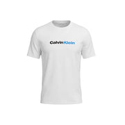 Calvin Klein Jeans men white cotton t shirt with bold black and blue logo print across the chest
