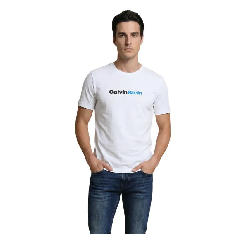 Calvin Klein Jeans men t shirt white cotton with blue and black logo print across the chest