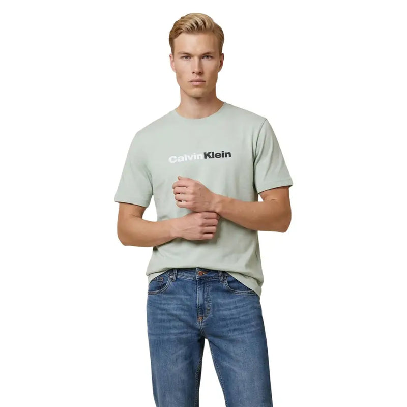 Light green calvin klein jeans men t shirt with black logo print made of cotton for casual wear