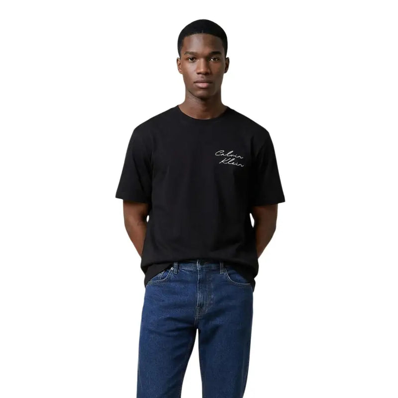 Calvin Klein Jeans men t shirt black cotton with white cursive logo on left chest for casual wear