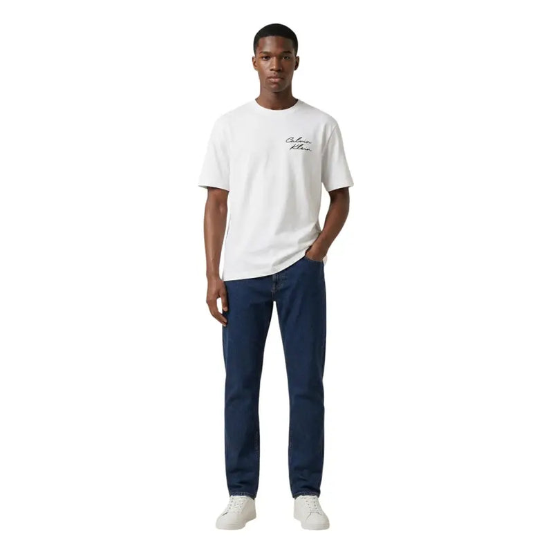 Calvin Klein Jeans men t shirt white cotton round neck with subtle black cursive logo on the left chest