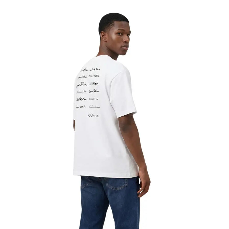 Back side of white calvin klein jeans men t shirt in cotton with black signature-style logo prints