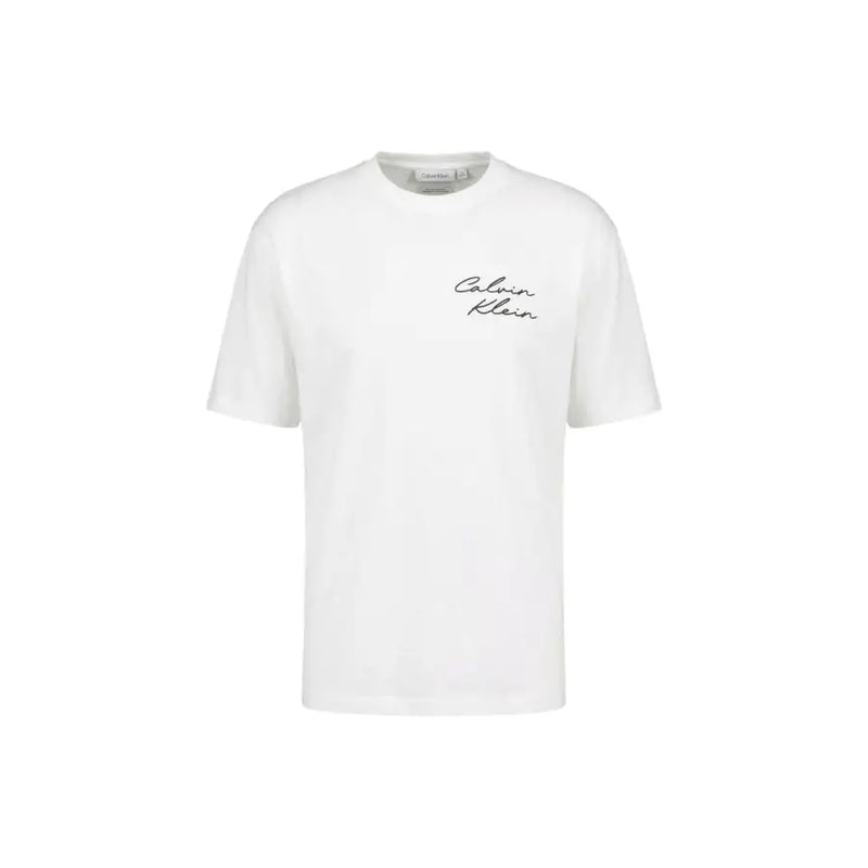 Calvin Klein Jeans men white cotton round neck t shirt with black cursive logo on the chest LV04RE828G