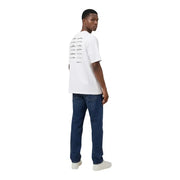 Back side of white cotton Calvin Klein Jeans men t shirt featuring black ink multiple signatures print