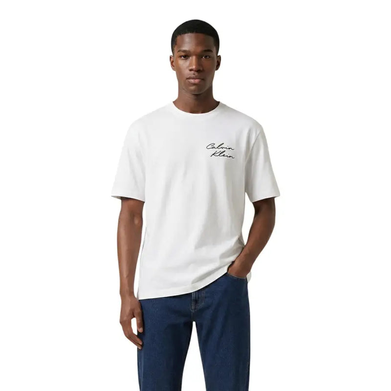 Calvin Klein Jeans men t shirt white cotton round neck with subtle black signature logo on left chest