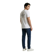 Calvin Klein Jeans men t-shirt back side featuring a white cotton fabric with a gray ck logo