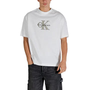 White Calvin Klein Jeans men t-shirt featuring a gray CK logo and brand name printed on the chest