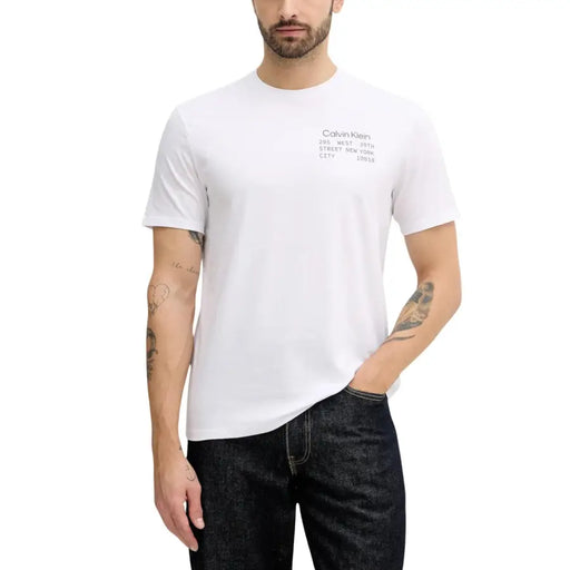 Calvin Klein Jeans men t-shirt white cotton with minimalist black text graphic on the chest front