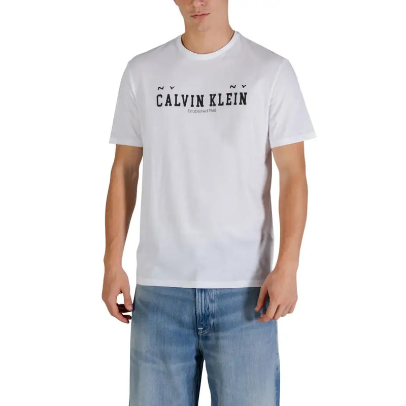 White Calvin Klein Jeans men t-shirt with black logo and established 1968 text printed on the chest