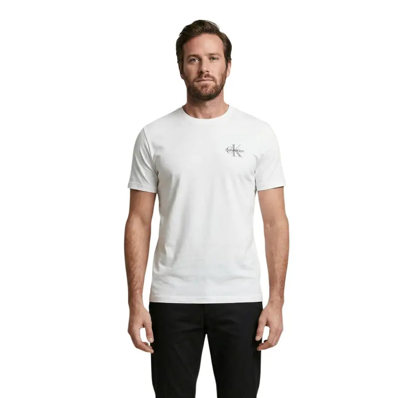 Calvin Klein Jeans men t-shirt in white cotton with a subtle gray logo on the left chest