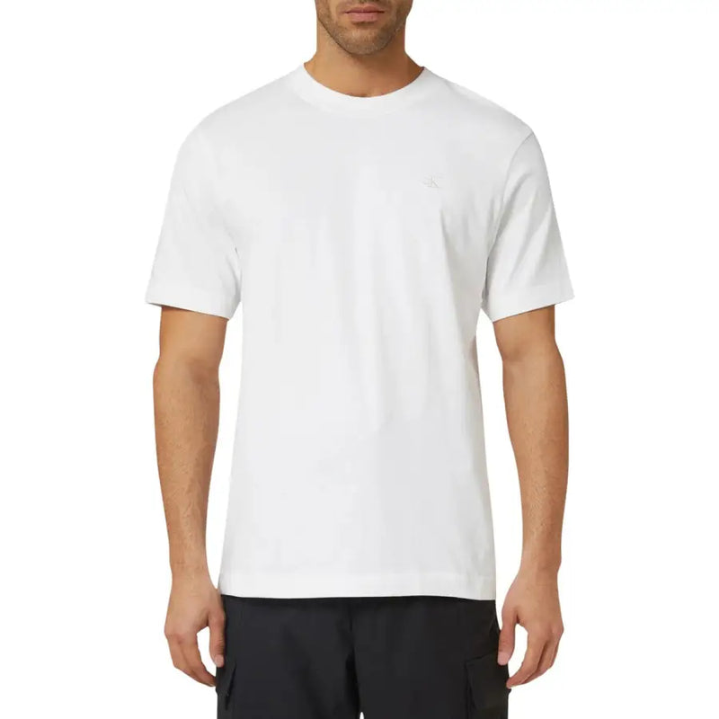 Calvin Klein Jeans men white crew-neck t-shirt with small embroidered logo on the left chest