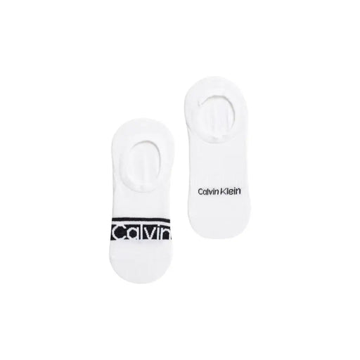 White calvin klein jeans men underwear no-show socks with black logo band and brand name on heel back side