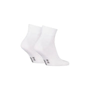 A pair of white Calvin Klein Jeans men underwear ankle socks with black text on the back heel in minimalist design
