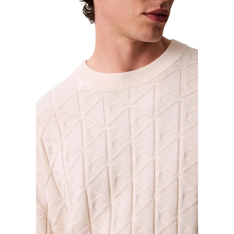Cream-colored cotton knit sweater with geometric diamond pattern and ribbed neckline from Calvin Klein Jeans men collection