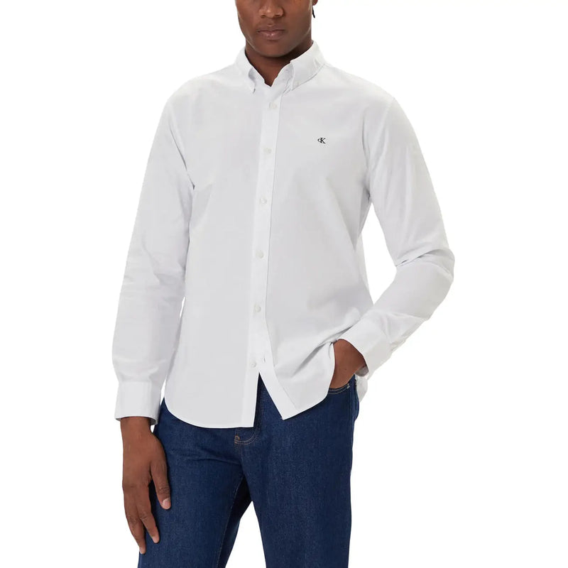 Calvin Klein Jeans men shirt white button-down with subtle embroidered logo on the chest for casual wear