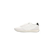 Calvin klein jeans men white polyester low-top sneaker with black heel tab and cream rubber sole