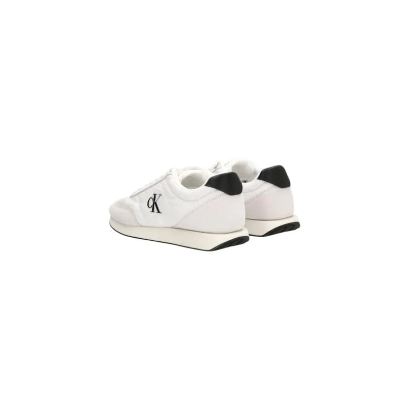 Calvin Klein Jeans men white polyester lace up sneakers with black accents on heel and sole shown from the back side