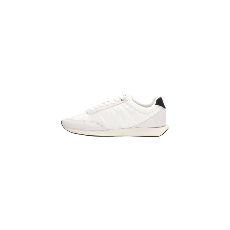 Calvin klein jeans men white polyester low-top sneaker with black heel tab and cream rubber sole