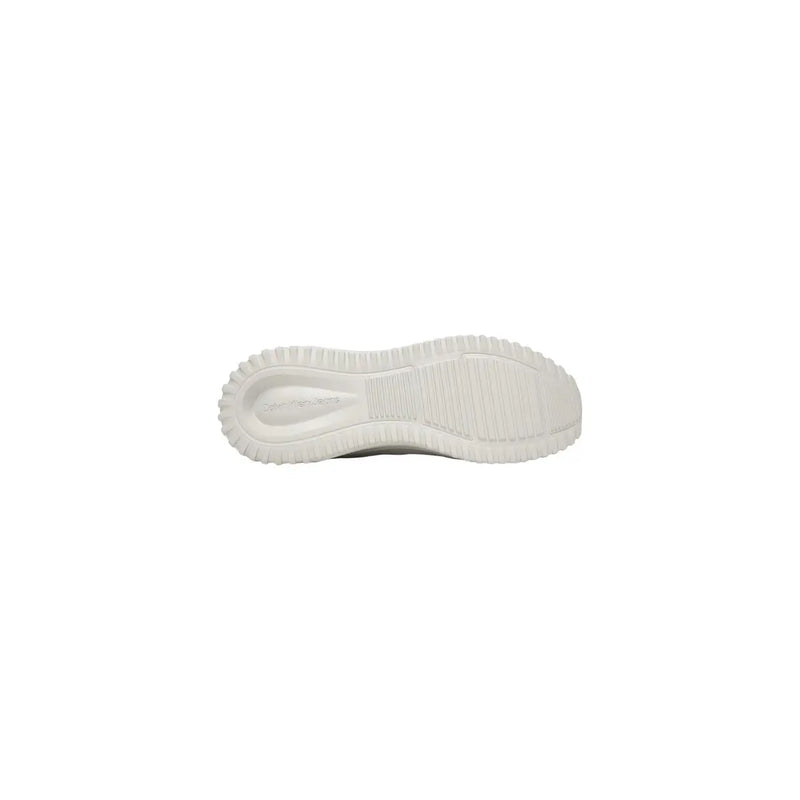 Calvin klein jeans men white sporty sneakers with white rubber sole textured ridged pattern and embossed logo near heel