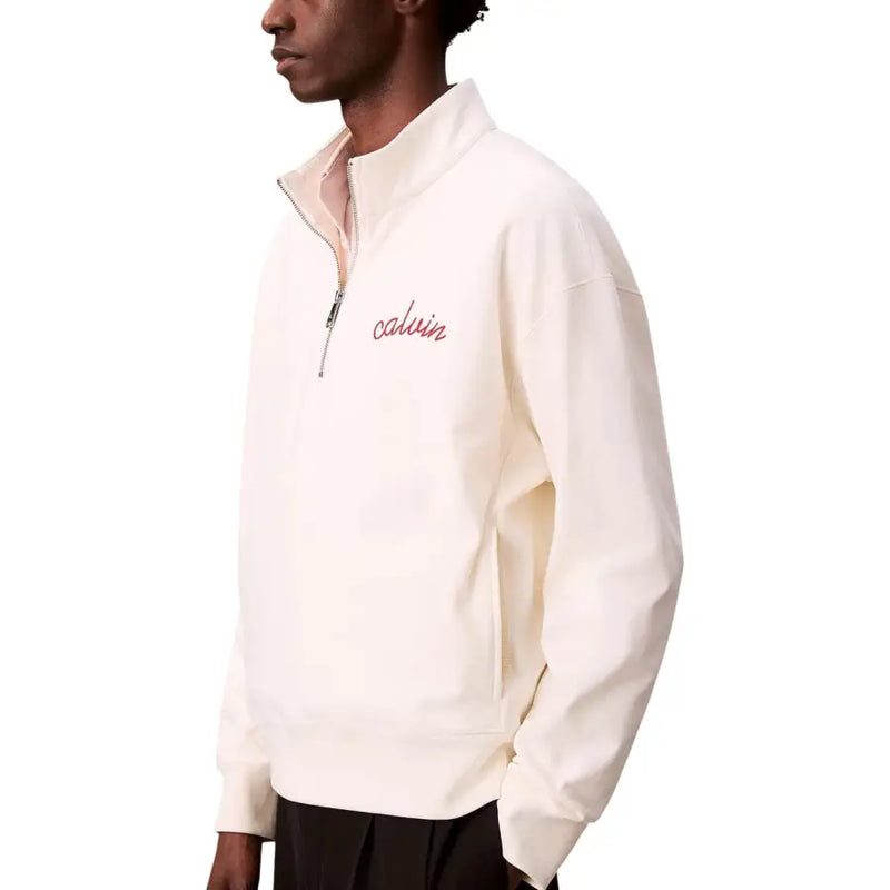 Calvin Klein Jeans men white half-zip sweatshirt with subtle red embroidered logo on cream-colored fabric
