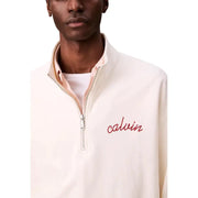 Calvin Klein Jeans men white half-zip pullover with cream color, peach inner collar, and red embroidered logo
