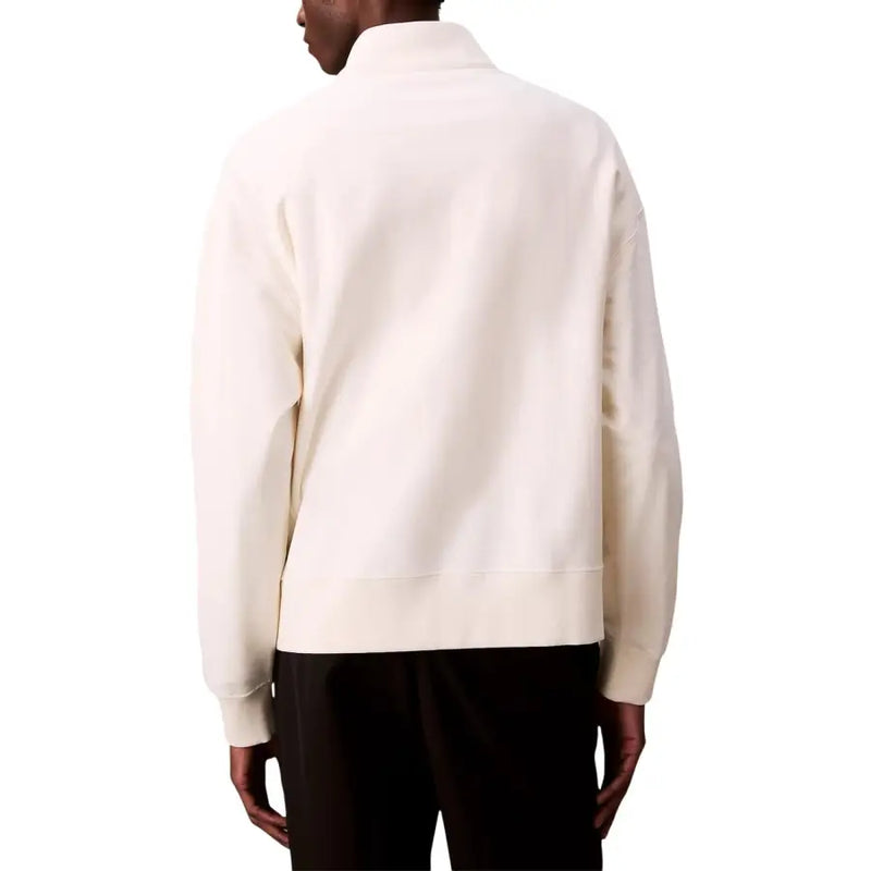 Calvin Klein Jeans men white zip turtleneck sweatshirt in cream soft cotton blend with high collar and ribbed cuffs