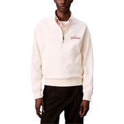 Calvin Klein Jeans men white half-zip sweatshirt with subtle red embroidery on cream-colored fabric