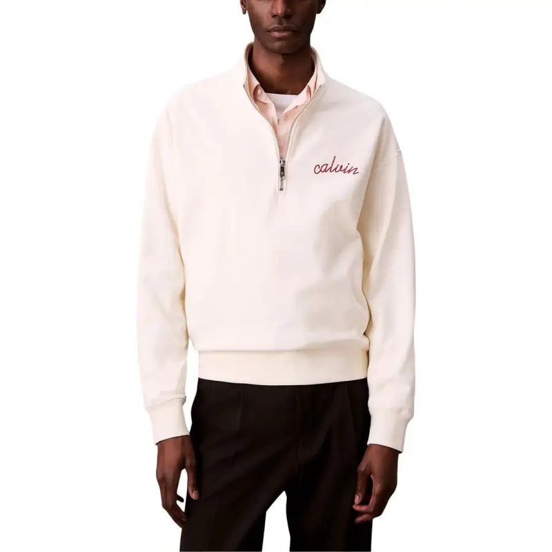 Calvin Klein Jeans men white half-zip sweatshirt with subtle red embroidery on cream-colored fabric