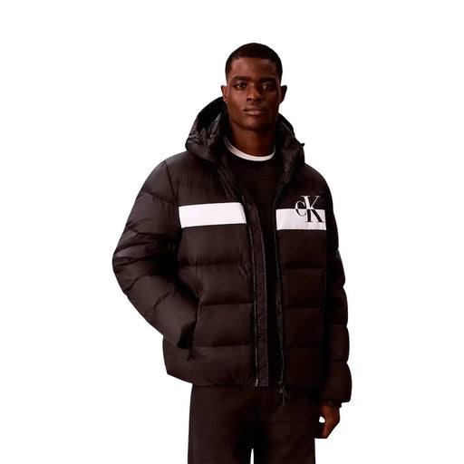 Calvin Klein Jeans puffer jacket for men in black with white horizontal stripes and ck logo on chest, front view
