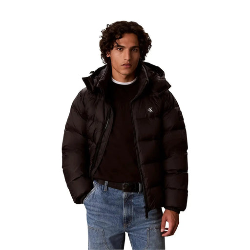 Calvin Klein Jeans puffer jacket for men in black with quilted design hood and subtle logo, front view